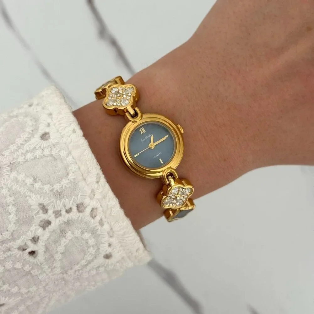 Sku0233 Retro Gold Blue Women Floral‎ Watch Bracelet Stainless steel + gift bag